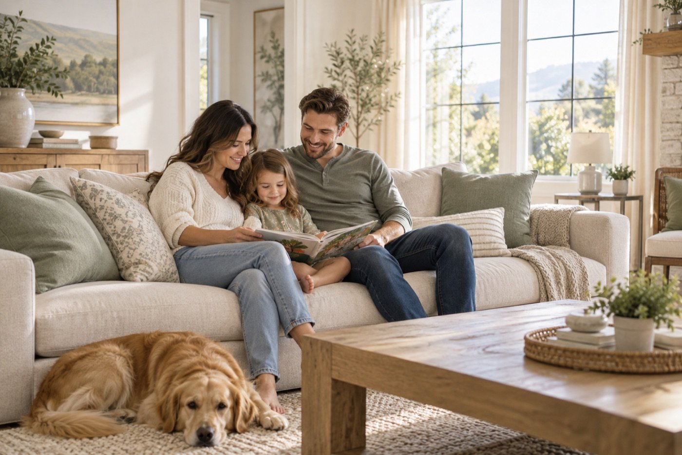 Illustrative family enjoying a comfortable, bright living room