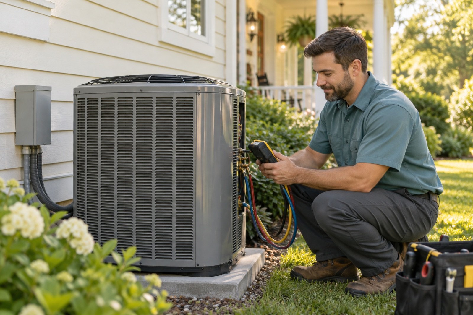 Illustrative HVAC technician checking a residential air conditioning unit